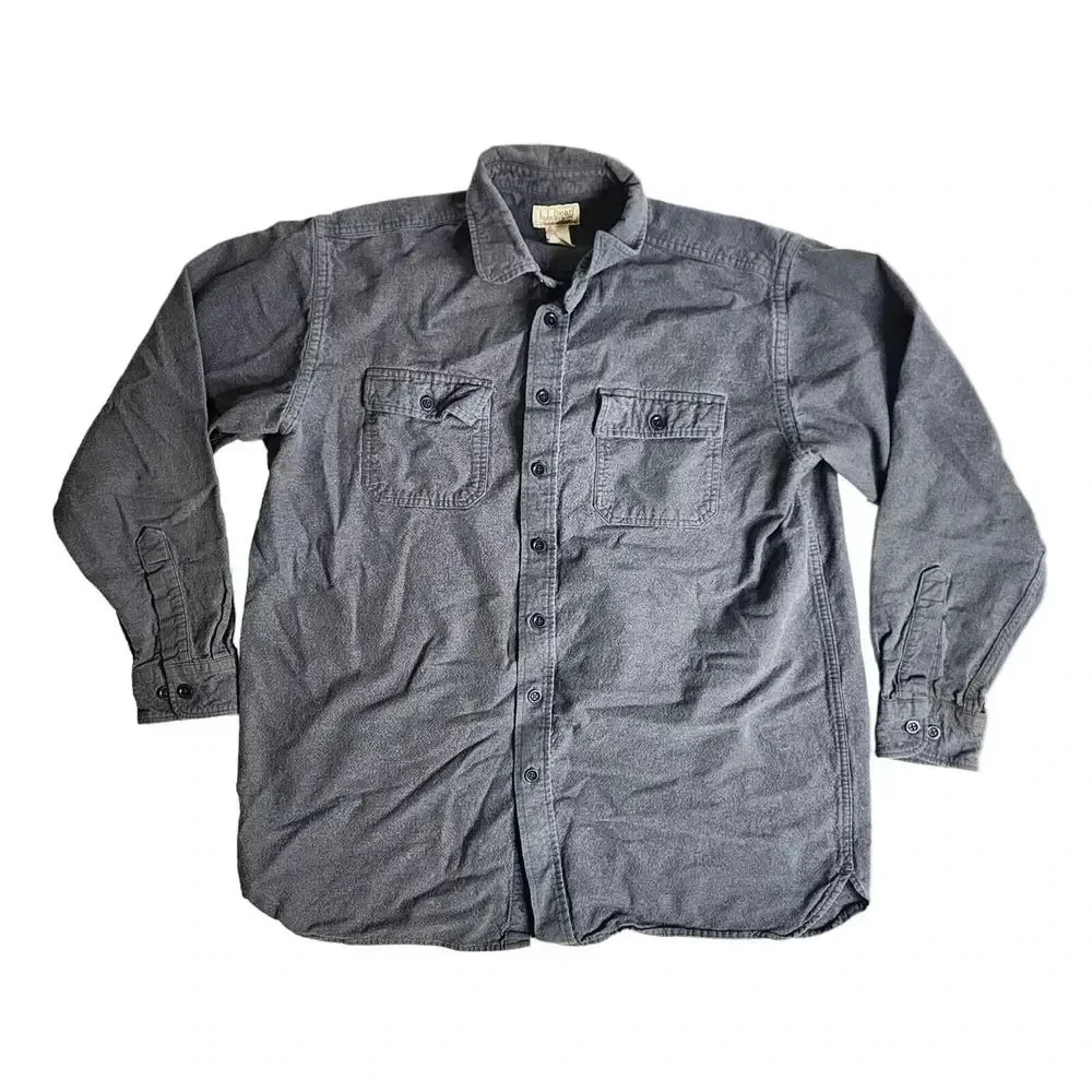 LL Bean Flannel Chamois Cloth Shirt Size XL Tall Gray Flannel Button Long Sleeve